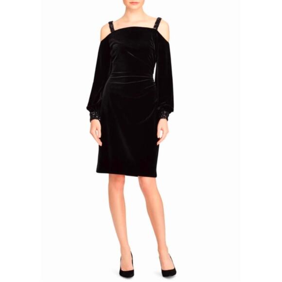 Lauren Ralph Lauren Black Velvet Cold Shoulder Knee Length Party Dress Size 14 - Picture 1 of 16